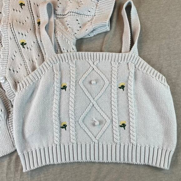 Blue Knit Tank Top & Cardigan Sweater Set Flowers Dainty M Pastel Floral - Picture 2 of 7